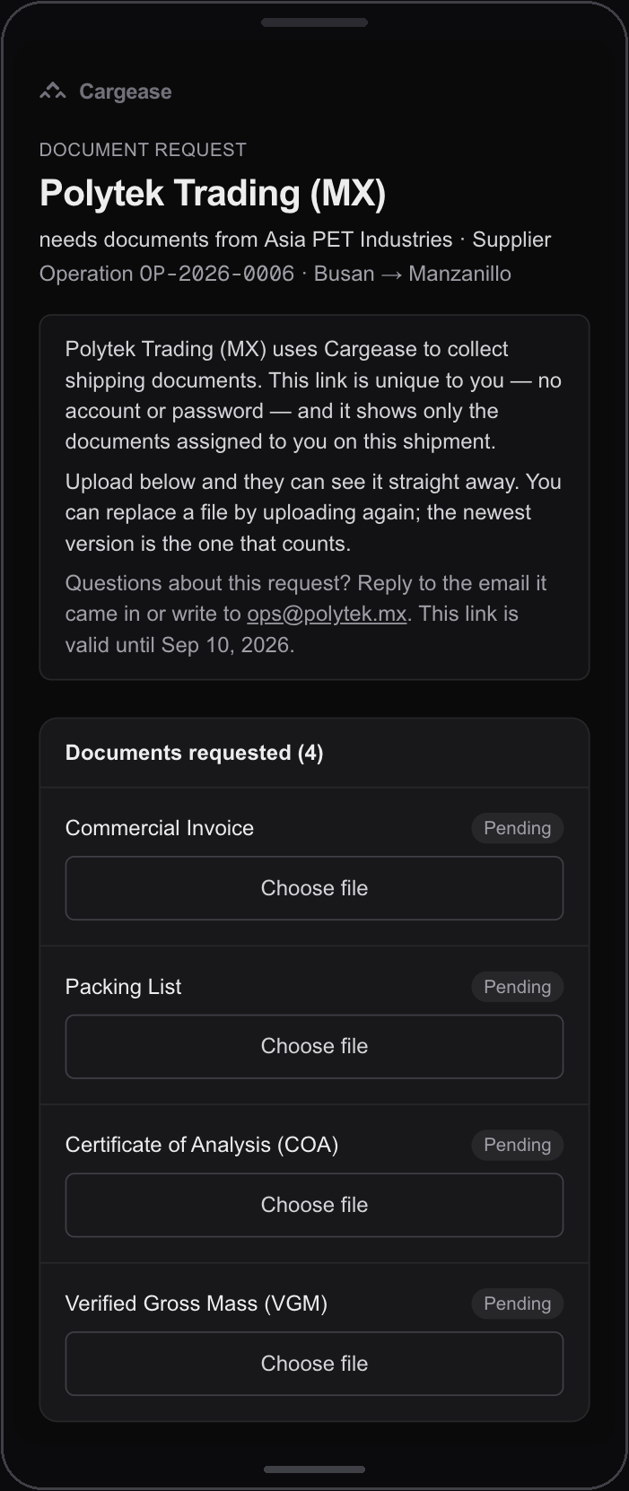 A supplier uploading documents through a scoped Cargease link on a phone