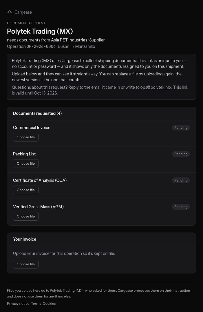 A supplier uploading documents through a scoped Cargease link on a phone